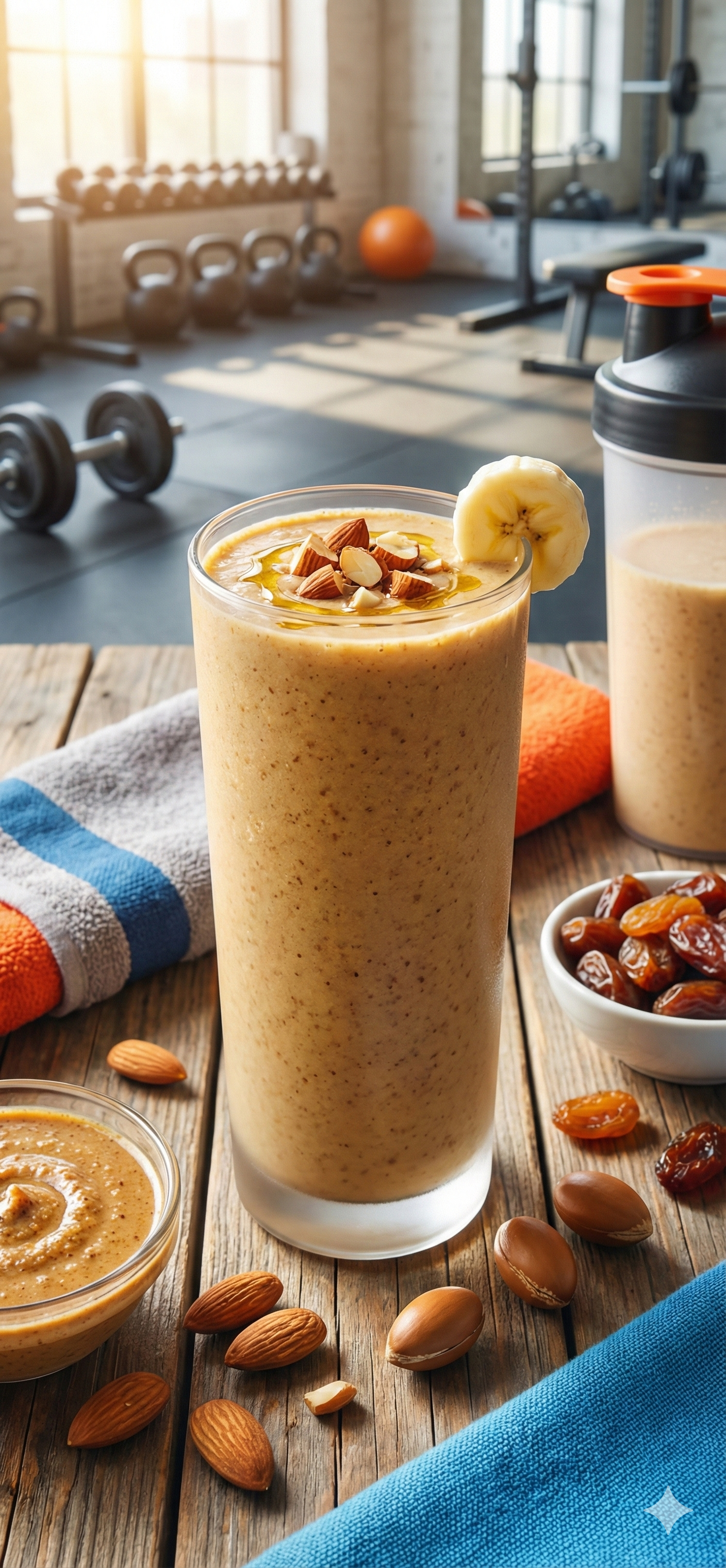 Glass of Amlou smoothie with toppings on a wooden table in a gym setting.