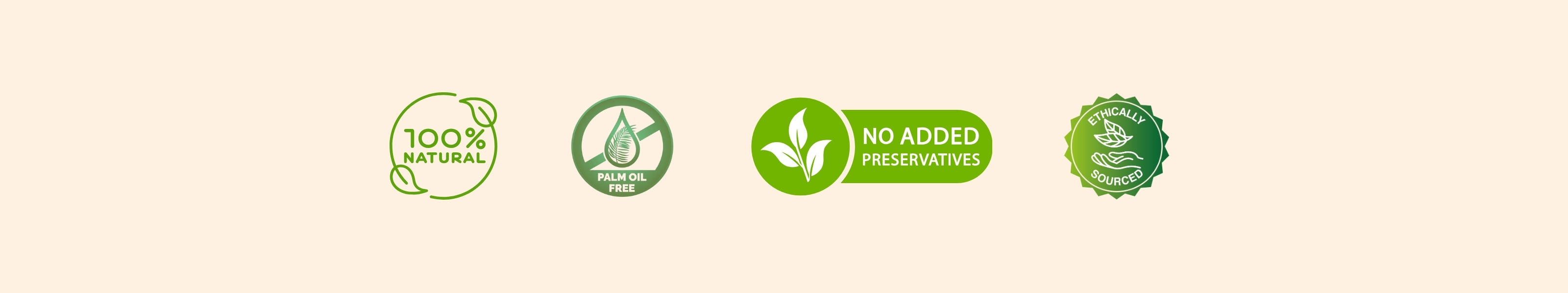 Four green certification logos on a beige background